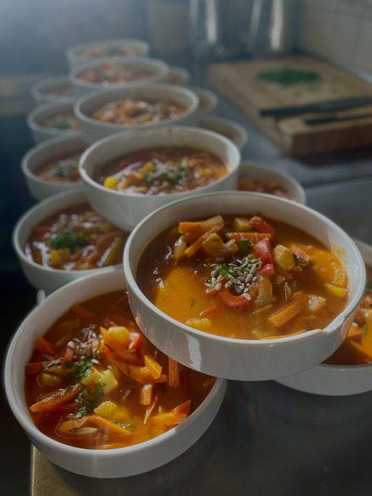 Frisch zubereitete bunte Gemüsesuppe, portionsweise angerichtet